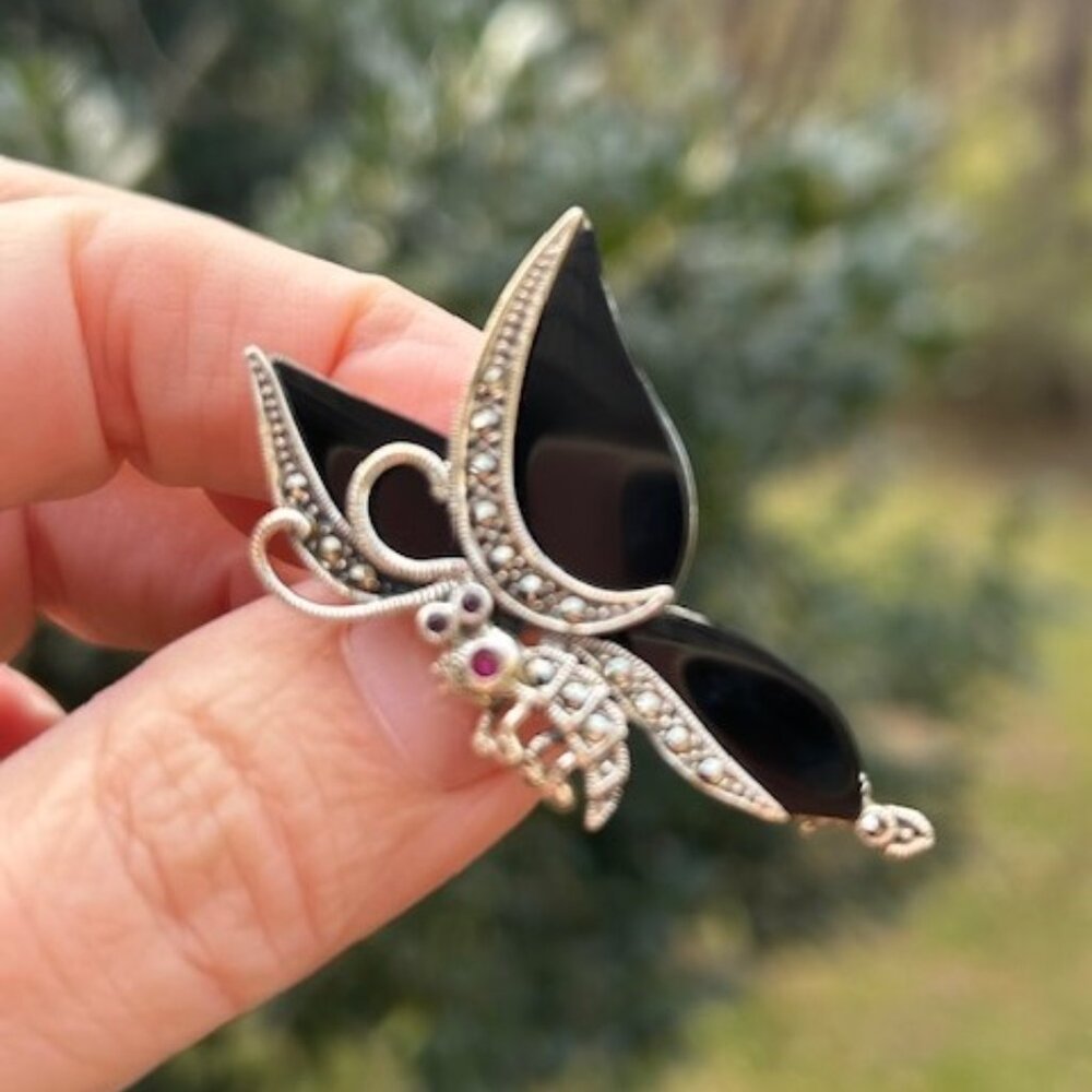 BUTTERFLY 925 Silver Onyx Marcasite Art Deco BROOCH - Picture 5 of 10